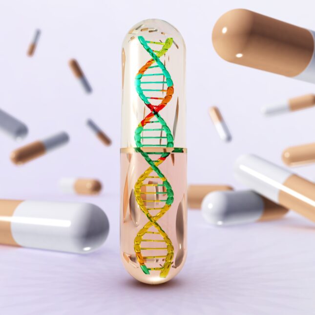 A capsule contains a DNA double helix as more capsules shake up and float in the background — coverage from STAT