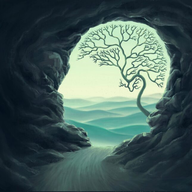 A cave in the shape of a human side profile houses a tree growing in the shape of a brain — health coverage from STAT