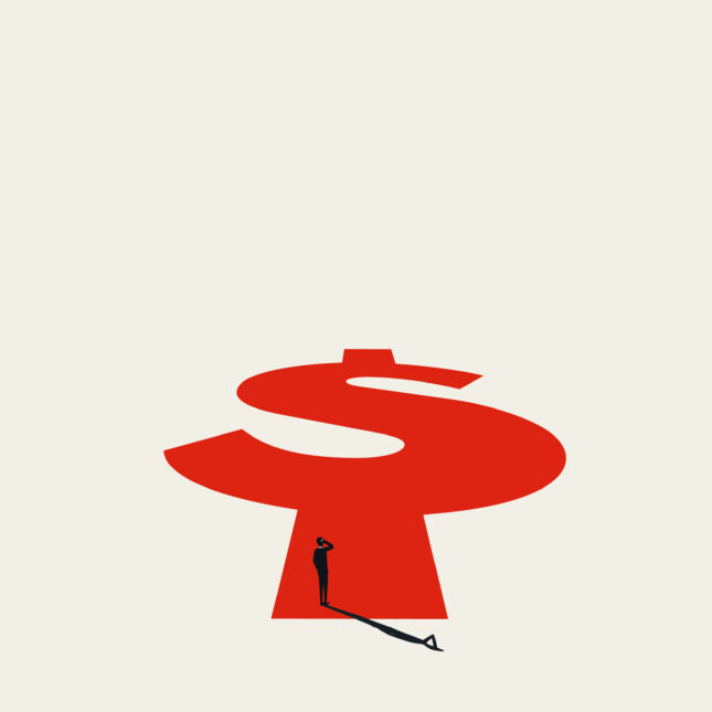 Illustration of a person standing on a very large red dollar sign. -- health coverage from STAT