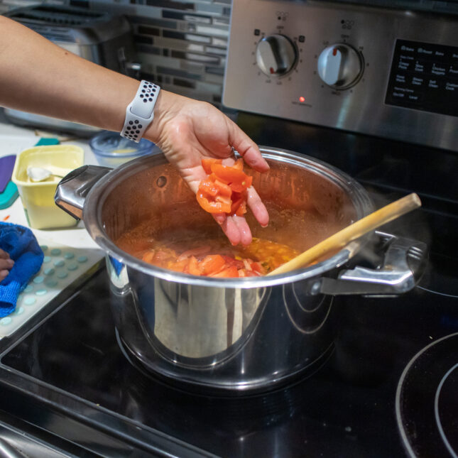 A hand puts chopped tomato into a pot on an electric stove top, as the other hand was placed on a kitchen cleaning cloth — first opinion coverage from STAT