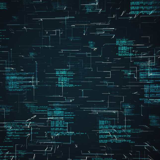 Coding lines float in different sections on a dark teal 3D environment — health tech coverage from STAT