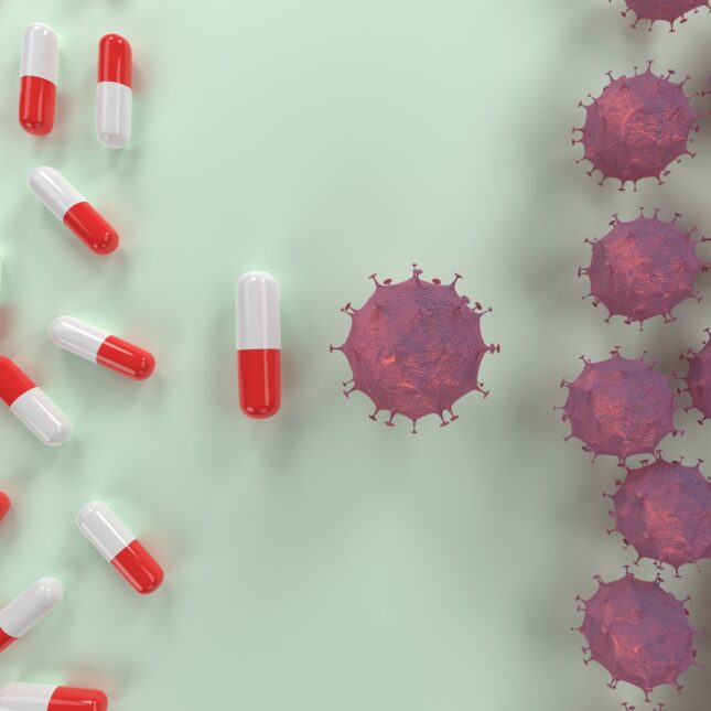 A team of coronavirus on the right side face a team of capsules on the left side — coverage from STAT