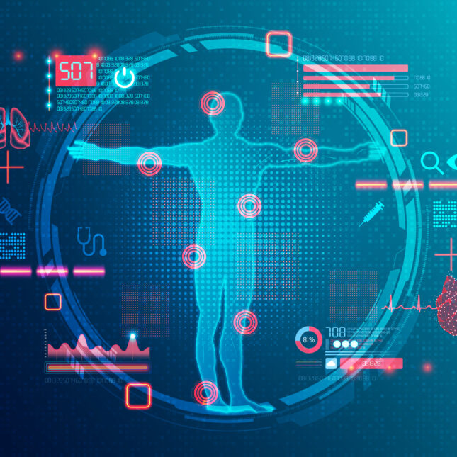 a person in the middle of a circle with health analytics surrounding them – health tech coverage from STAT