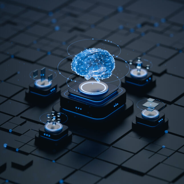 A wireframe brain above chipsets on a circuit board — coverage from STAT