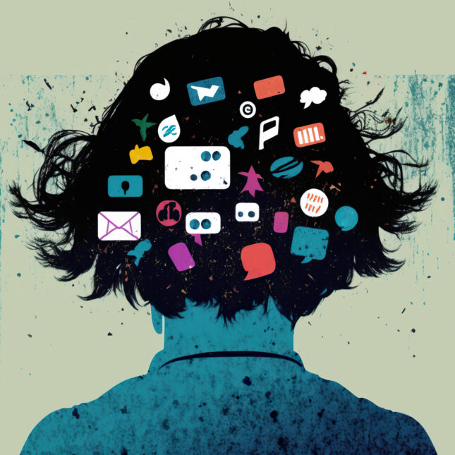 Illustration of social media icons on the bck of a young person's head. -- health coverage from STAT