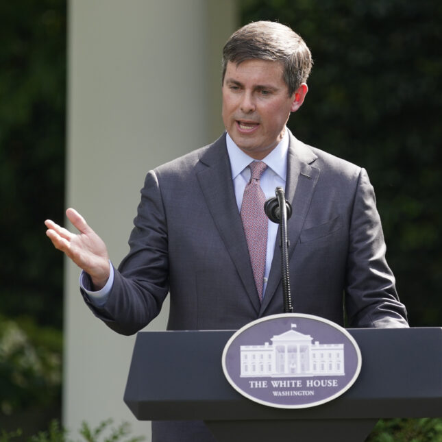 David Ricks, CEO of Eli Lilly and Company, speaks and gestures on a podium with the The White House's sign on — politics coverage from STAT