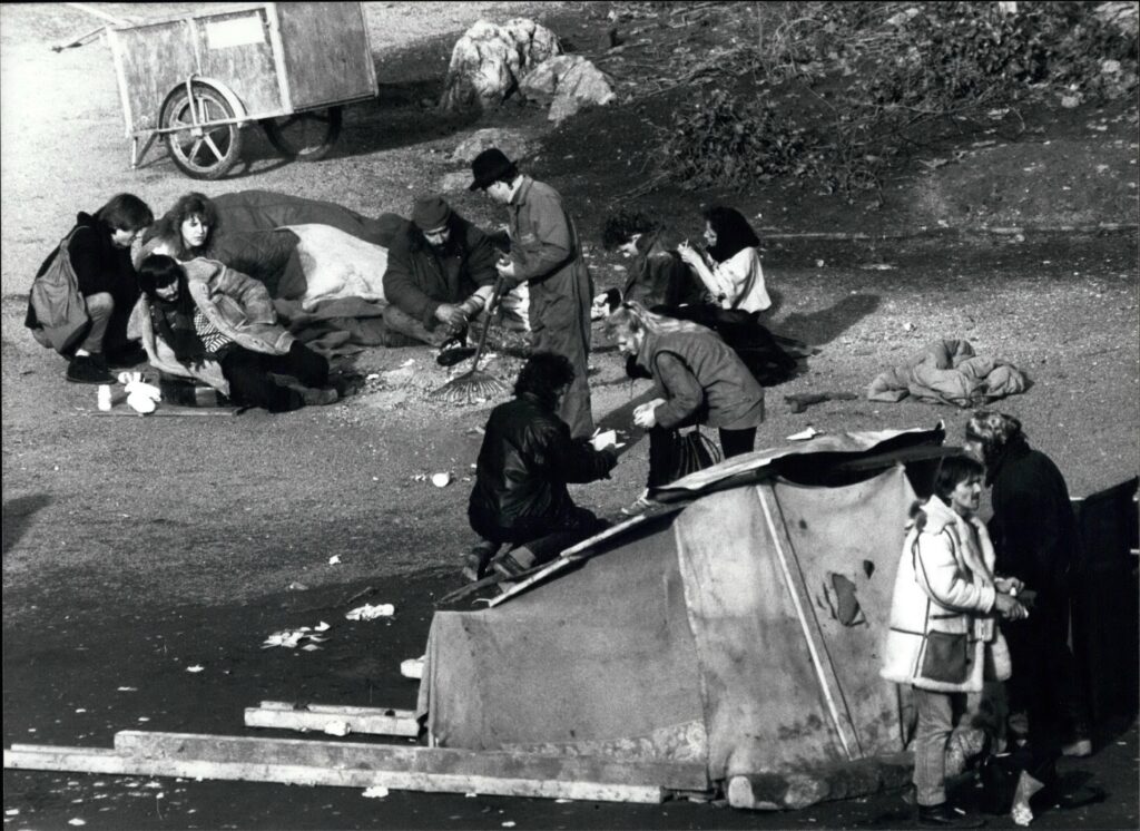 A photograph of people in ''Platzspitz'' park in Zurich in 1990 when it was a meeting point for drug use.