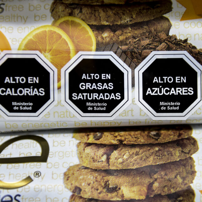 Cookies with labels stating their high content in sugar, calories and saturated fat, in Santiago, Chile, as a measure to fight obesity