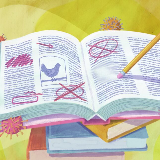 An illustration of an open textbook with images of birds and viruses and a pencil erasing notes