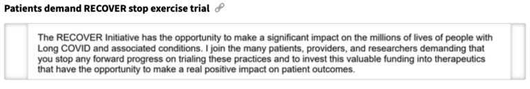 A screenshot in which patients demand RECOVER stop the exercise trial — long Covid coverage from STAT